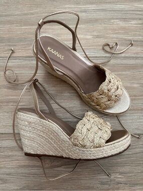 Kaanas Eve Gold Braided Espadrille Wedges with Ankle Wrap Size 8